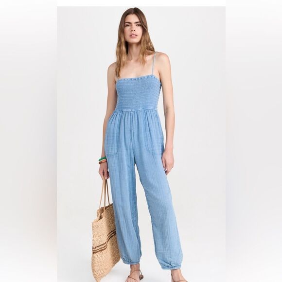 Z Supply Blue Jumpsuit with Smocked Bodice and Wide-Leg Fit - Picture 1 of 6